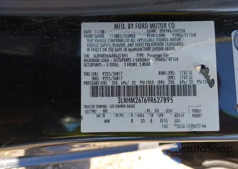 2009 Lincoln Mkz from USA, damaged, VIN 3LNHM26T69R627895